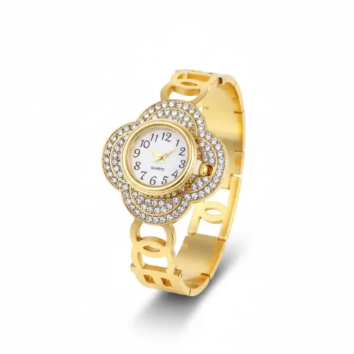 Crystal Floral Women’s Watch – Gold-Tone Bracelet Design
