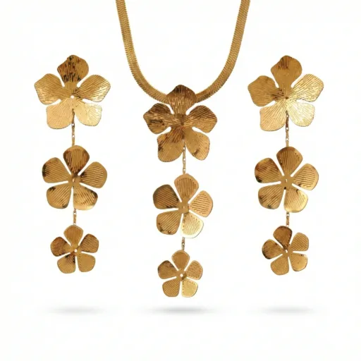 Textured Floral Drop Necklace & Earring Set – 18K Gold Plated Demi-Fine Jewelry