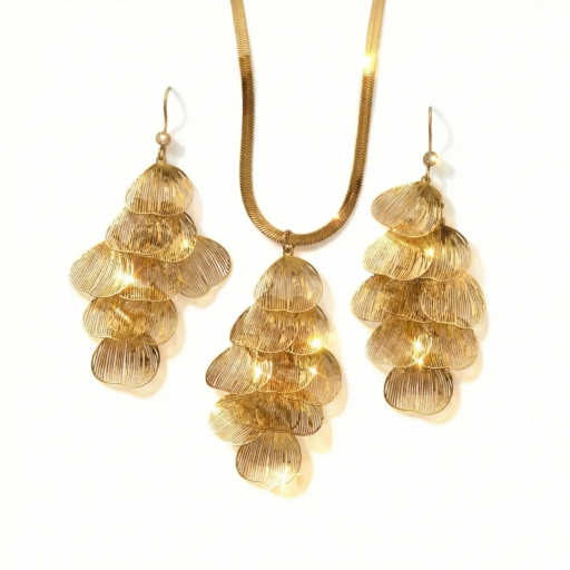 Golden Leaf Layered Necklace & Earrings Set – Elegant Statement Jewelry