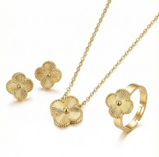 Floral Textured Necklace, Earrings & Ring Set