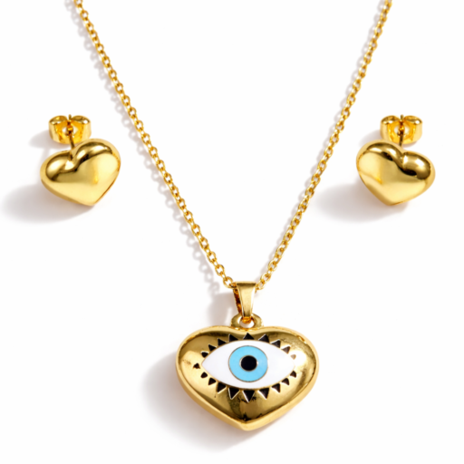 Evil Eye Heart Necklace & Stud Earring Set – 18K Gold Plated Demi-Fine Jewelry