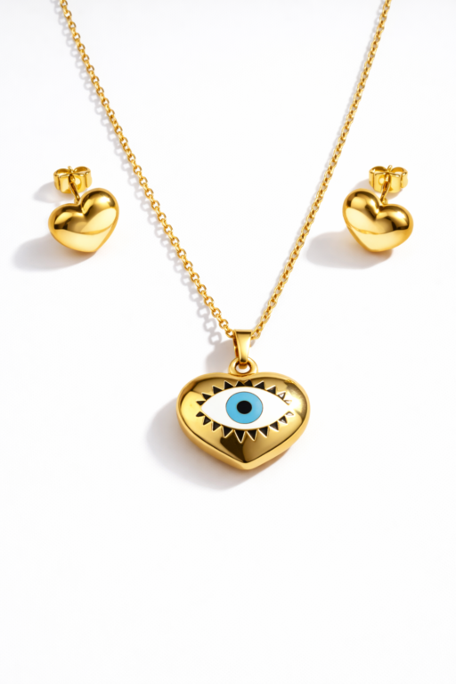 Evil Eye Heart Necklace & Stud Earring Set – 18K Gold Plated Demi-Fine Jewelry - Momai Jewels