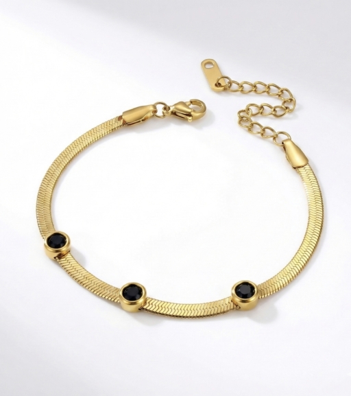 18K Gold Plated Midnight Stone Snake Chain Bracelet - Momai Jewels