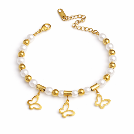 18K Gold Plated Pearl & Butterfly Charm Bracelet - Momai Jewels