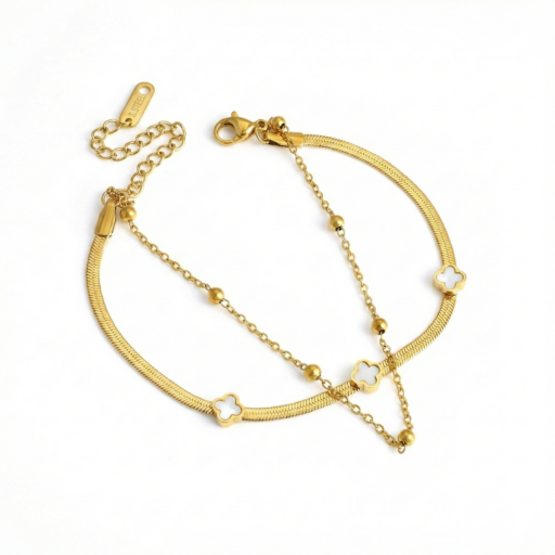 18K Gold Plated Layered Pearl Clover Bracelet - Momai Jewels