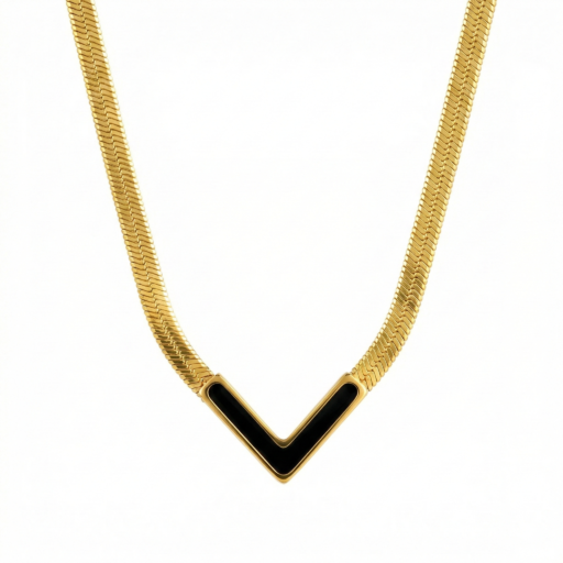 18K Gold Plated The Geometric Black "V" Herringbone Chain Necklace By Momaijewels